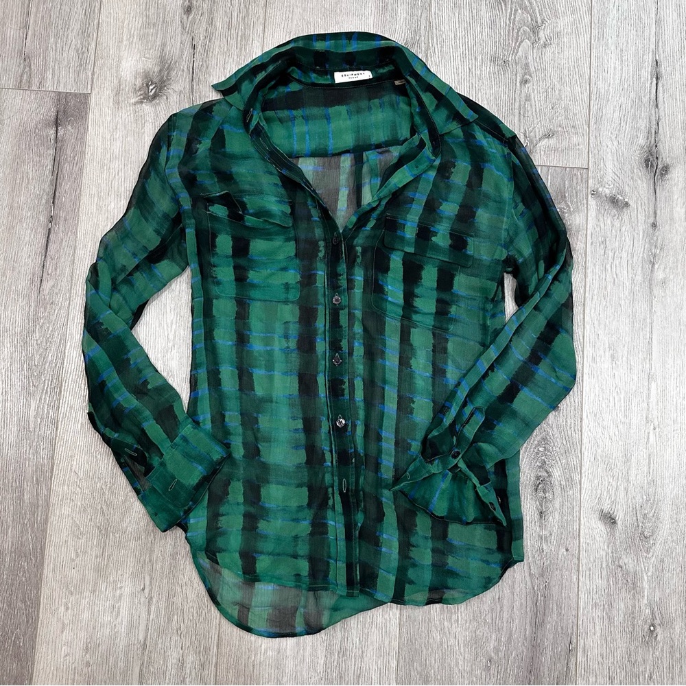 Equipment Green and Blue Sheer Silk Watercolor Print Button Up Shirt